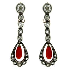 Antique Diamond Coral Gold Drop Earrings