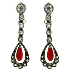 Diamond Coral Gold Drop Earrings