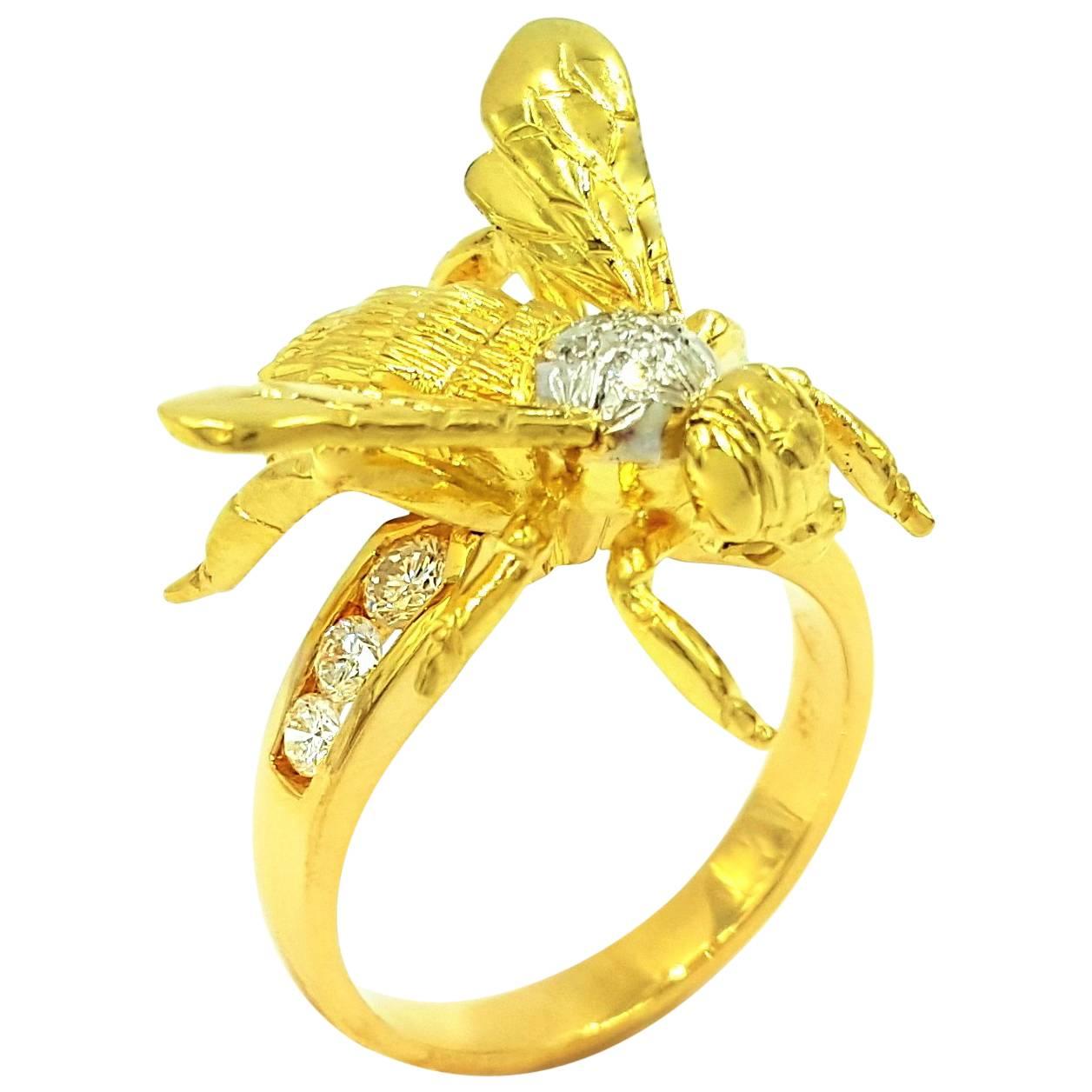 Life Size Gold Bumble Bee Fashion Ring With .50 Carats of Diamonds For