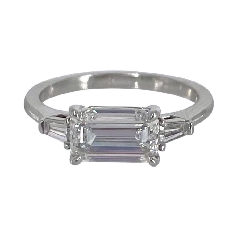 J. Birnbach 1.51 ct Emerald Cut East West Engagement Ring with Tapered Baguettes For Sale