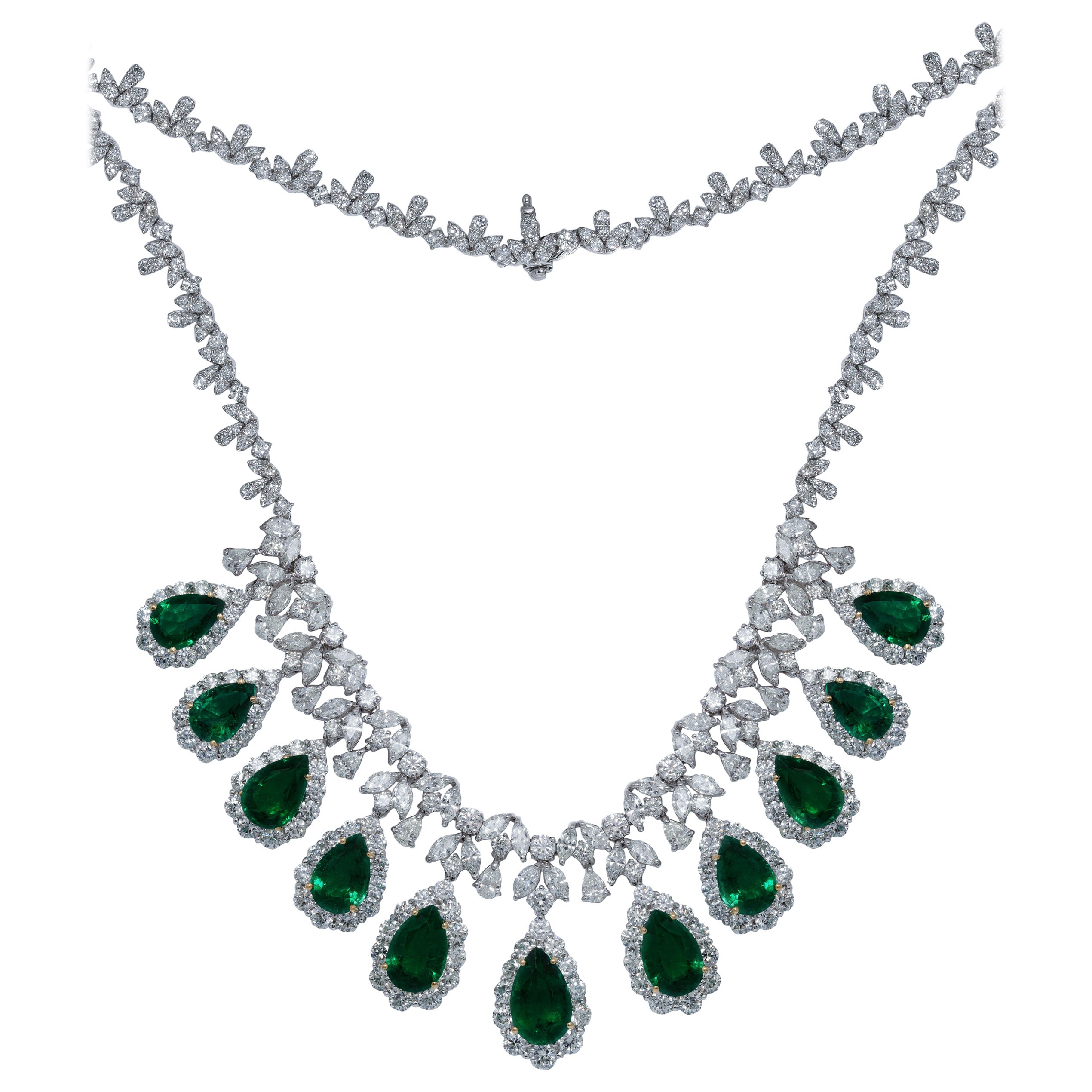 Diana M. Certified 34.51 Carat Zambian Emerald and Diamond Necklace For Sale