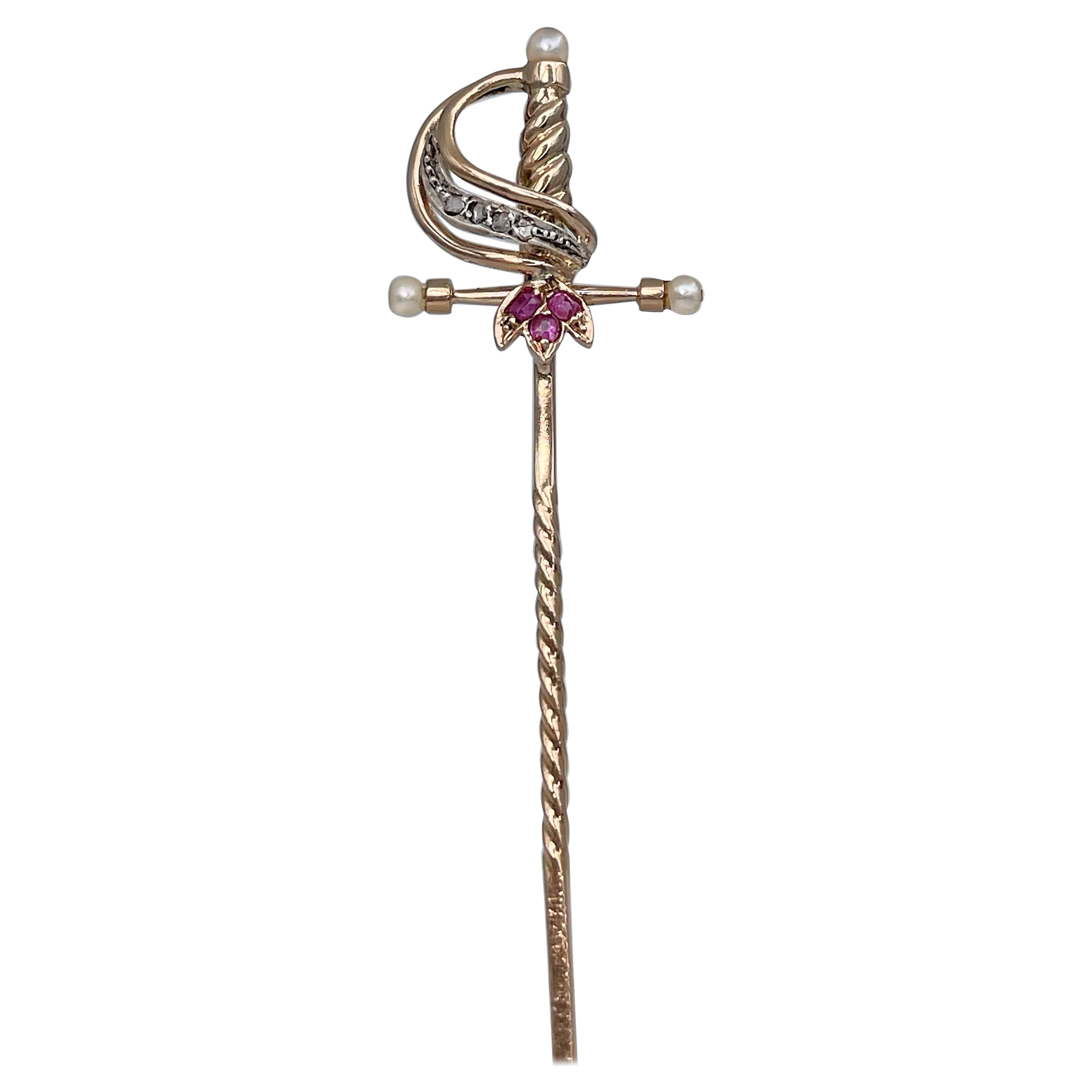 Victorian 18 Karat Gold Ruby Pearl Old Cut Diamond Sword Stick Pin Brooch For Sale