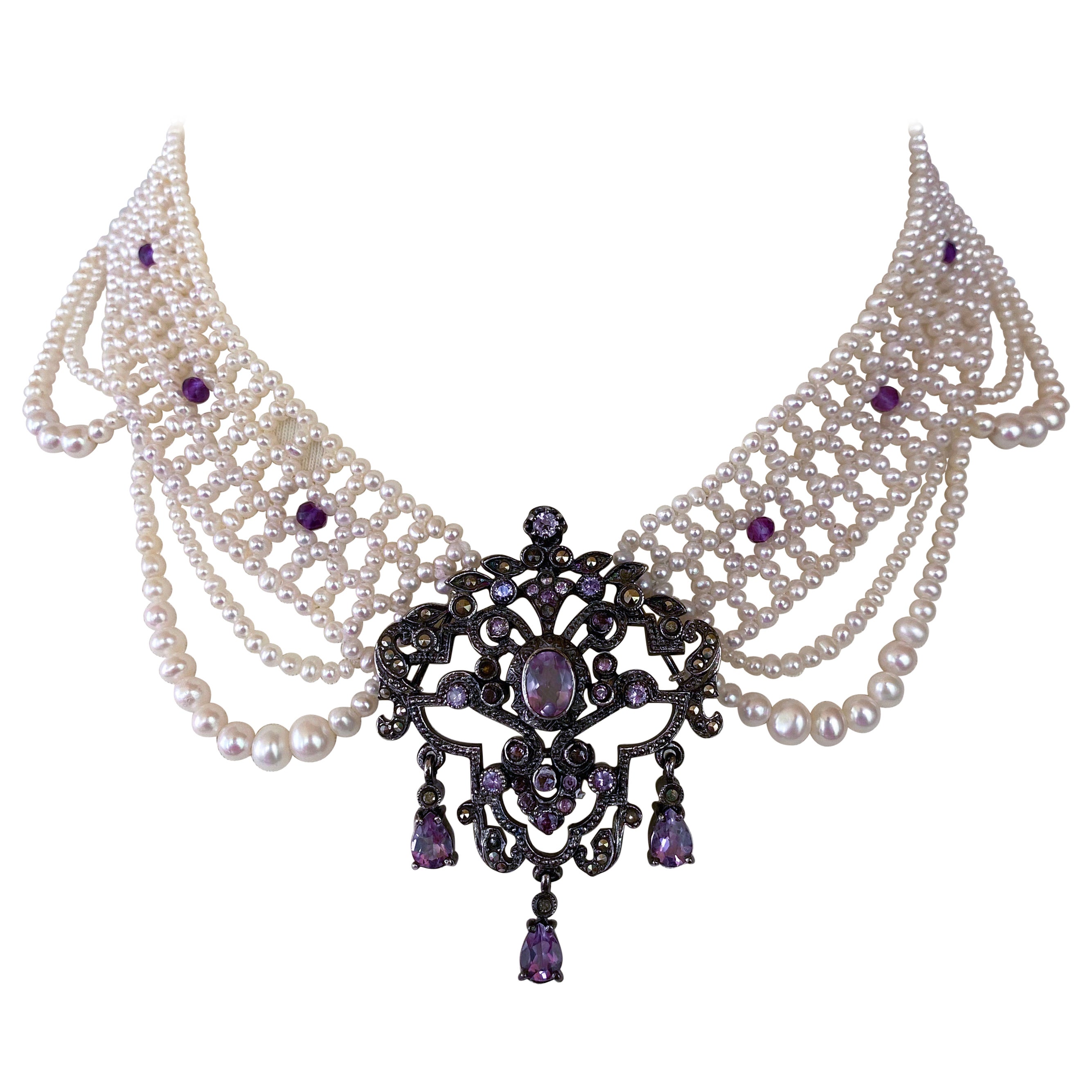 Marina J. Unique Pearl Draped Necklace with Vintage Amethyst Silver Centerpiece For Sale