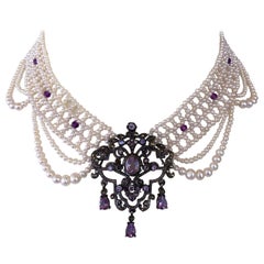 Marina J. Unique Pearl Draped Necklace with Antique Amethyst Silver Centerpiece