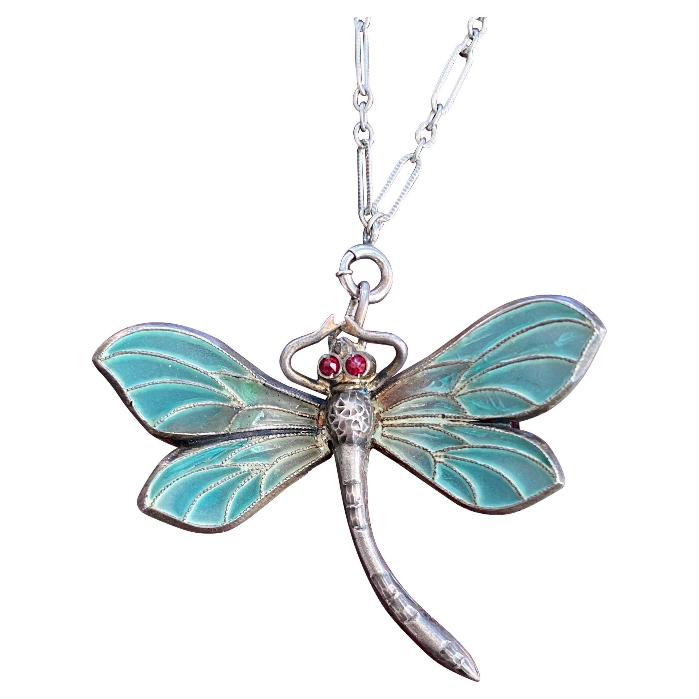Art Nouveau Plique-a-Jour Dragonfly Silver Pendant Necklace For Sale