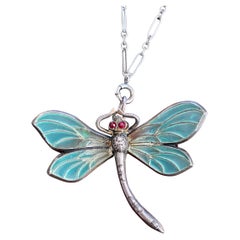 Vintage Art Nouveau Plique-a-Jour Dragonfly Silver Pendant Necklace