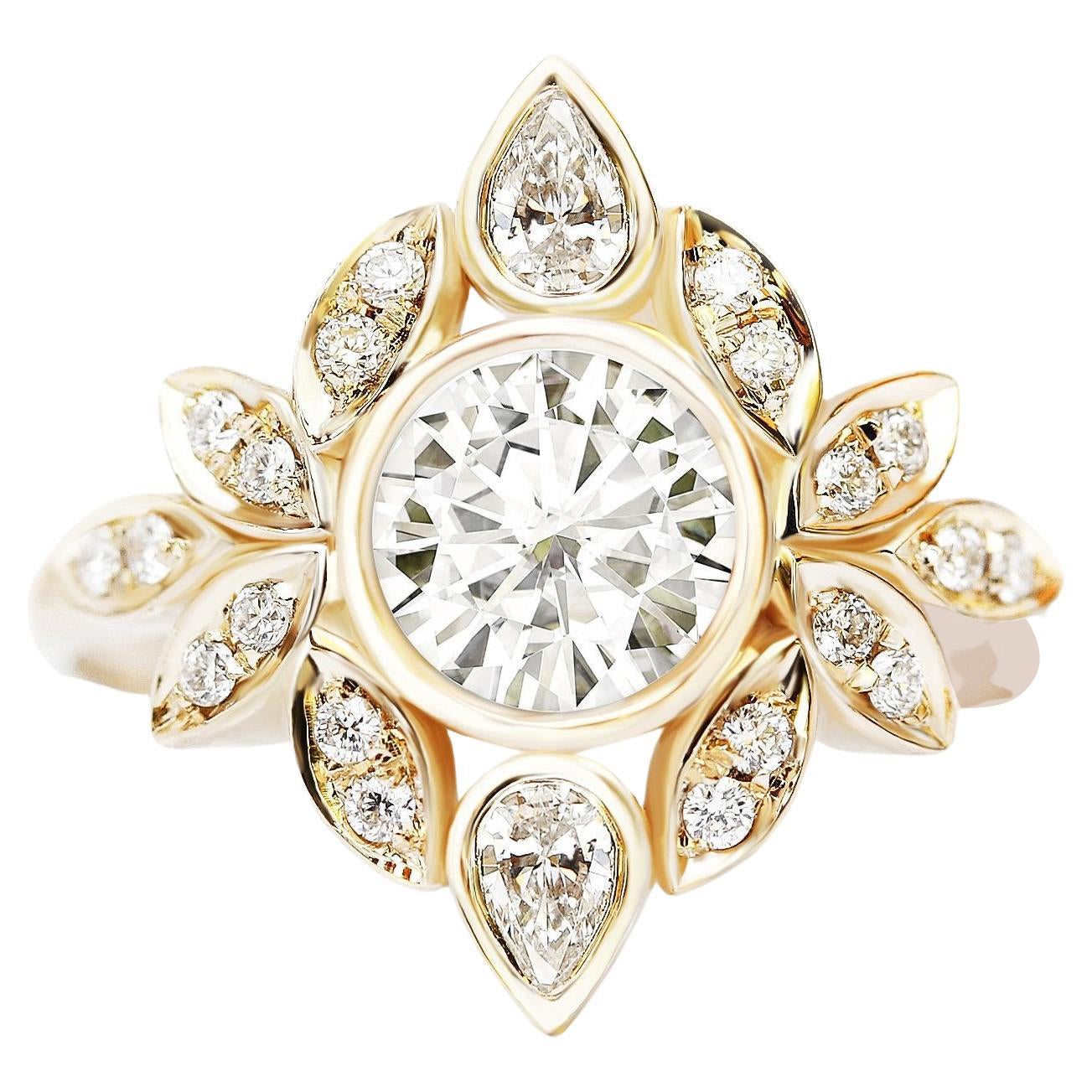 Round Moissanite Bezel Set Unique Flower Engagement Ring "Lily #5" For Sale