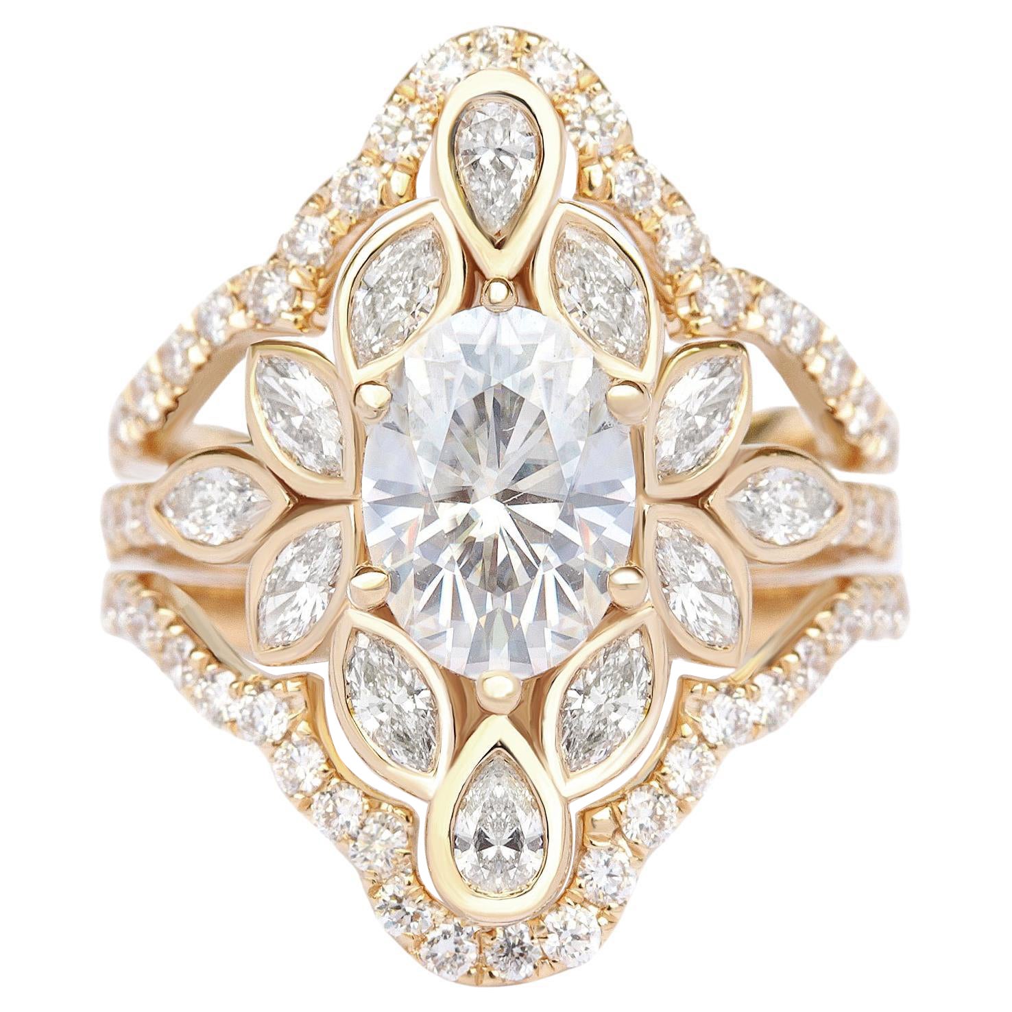 Ovaler 1,0 Karat Moissanit-Blumen-Verlobungsring mit Diamant-Ring Guard Lily #6 im Angebot