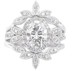 Oval Moissanite Diamond Halo Unique Floral Three Ring Set "Minimal Lily" (Lys Minimal)