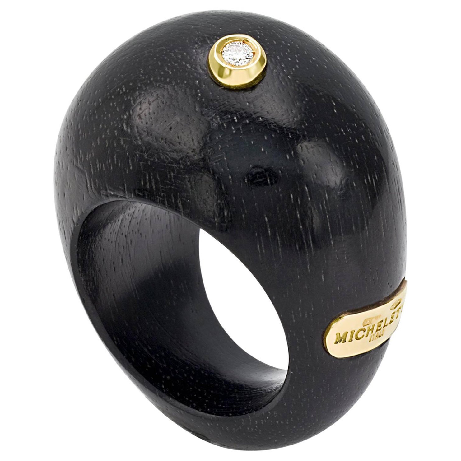 Wood Ebony Ring 18 Karat Yellow Gold and White Diamond