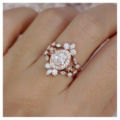 Oval moissanite Diamond Halo Floral Ring "Antheia" & Two "Iceland" Sidebands