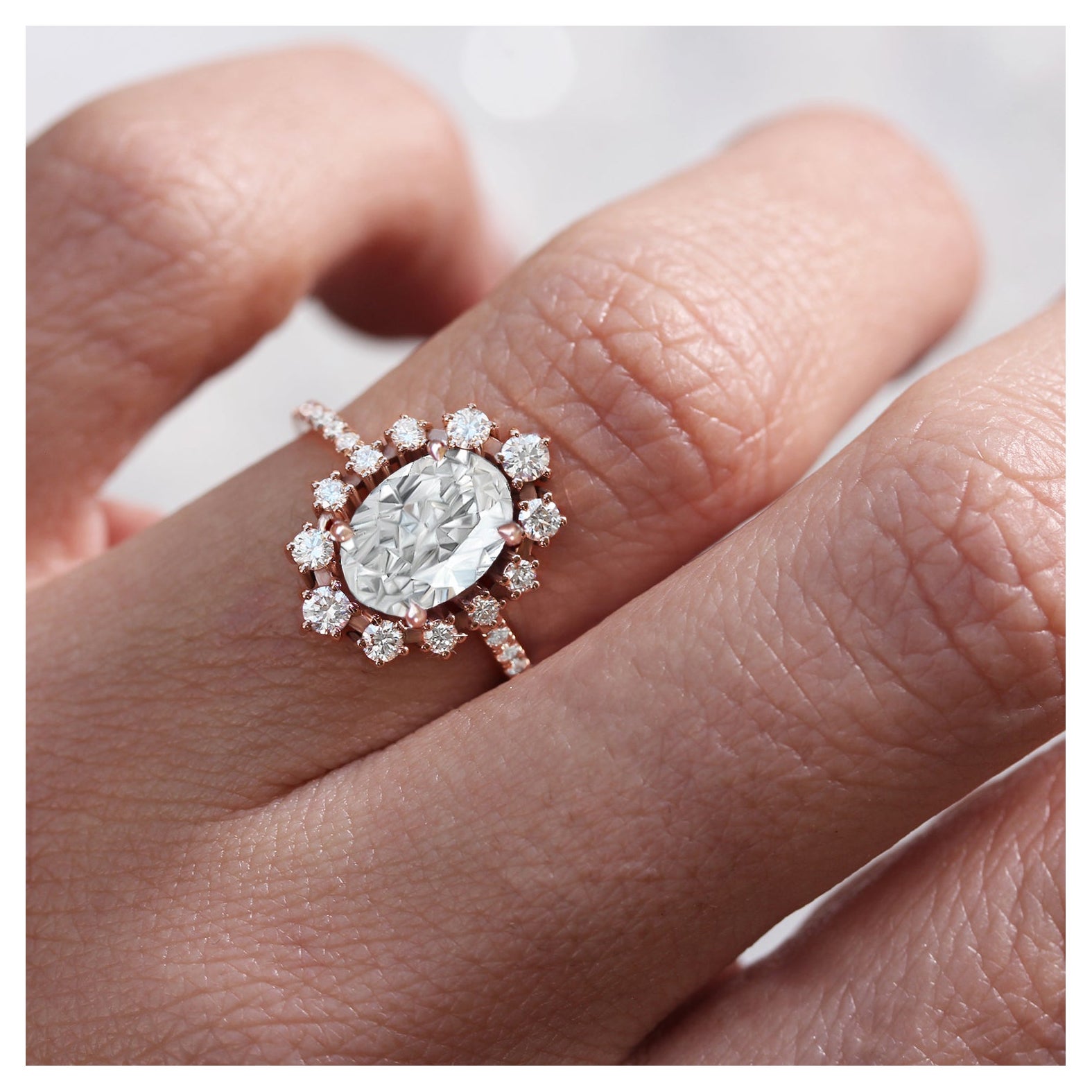 1.5 Carat Oval Moissanite Diamond Halo Unique Art Deco Engagement Ring - Glory  For Sale