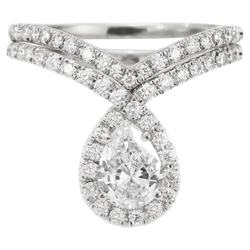 Pear Moissanite diamond Halo Unique engagement Two rings set "Bliss"