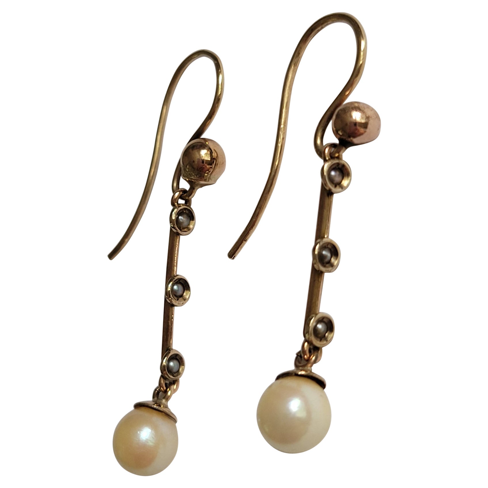 Antique Edwardian 9CT Gold Pearl drop earrings For Sale
