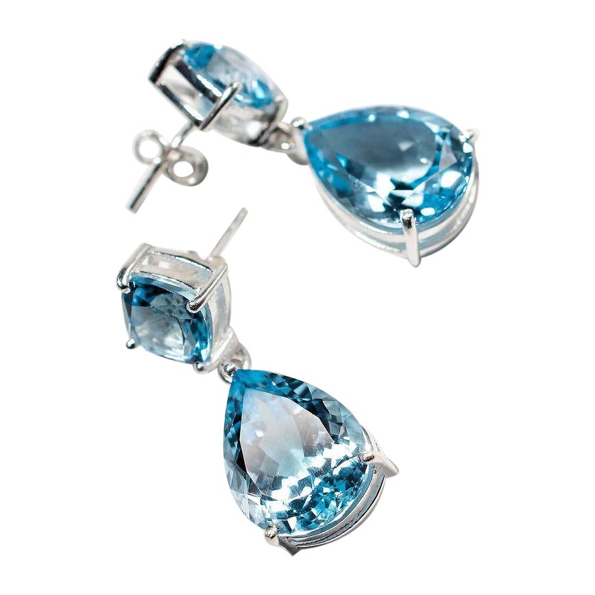 7ct Swiss Blue Topaz Drop Earrings (handmade) – Sterling Silver 