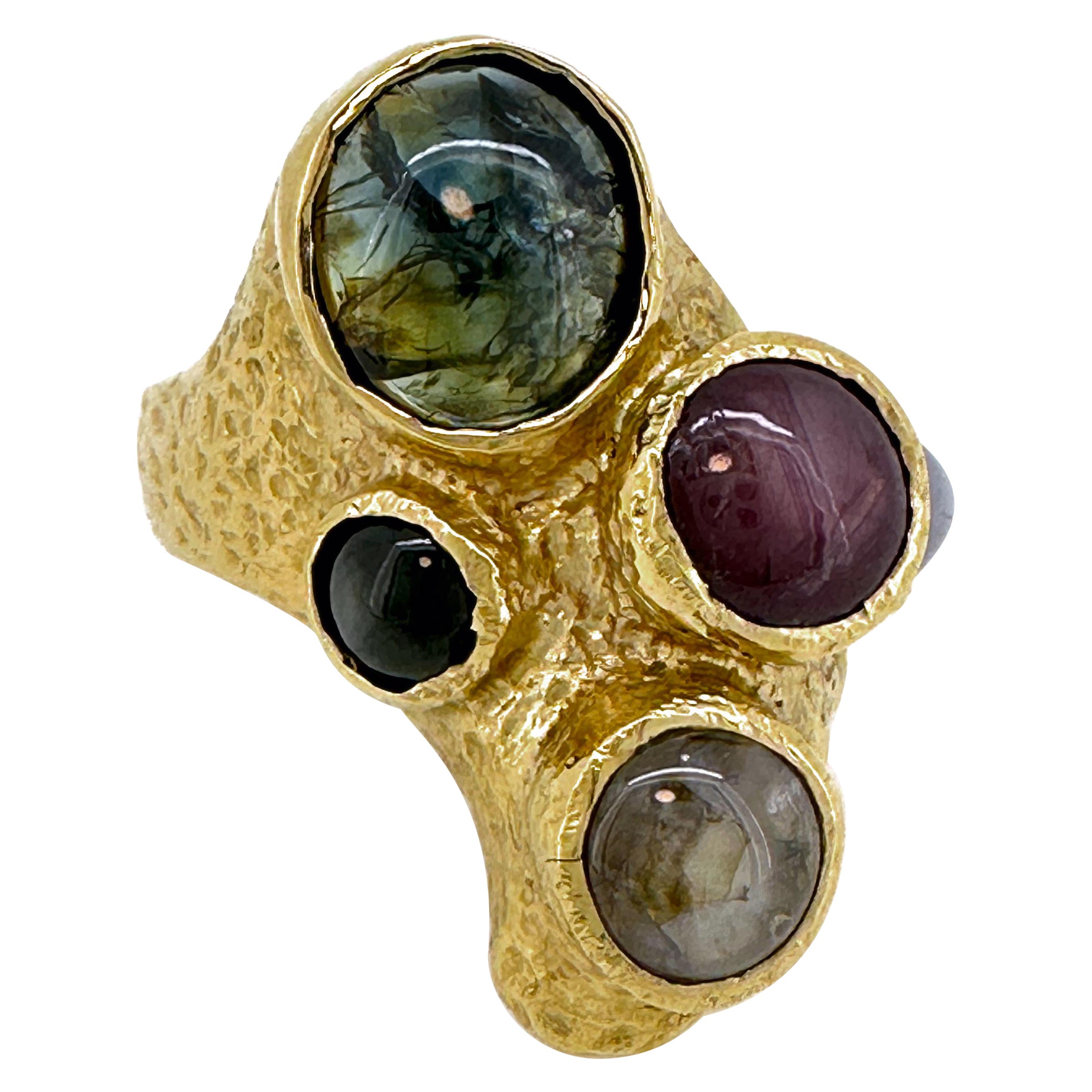 12 Karat „Octopus“ Ring aus Gold mit Stern-Rubin, Parti-Saphir und Sternsaphir