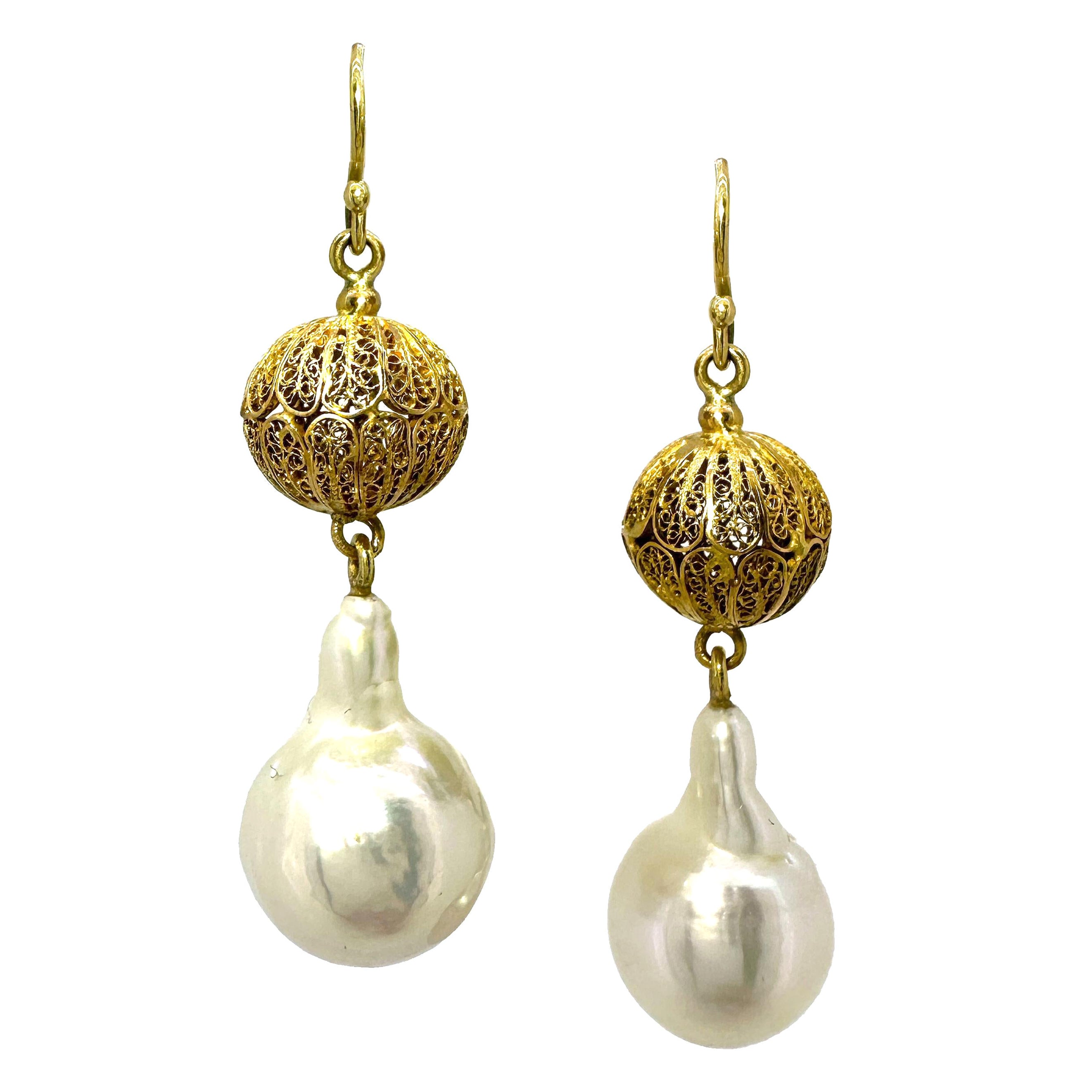 Dangle Wire Hook Earrings with Baroque Freshwater Pearls and 22K Gold Beads For Sale