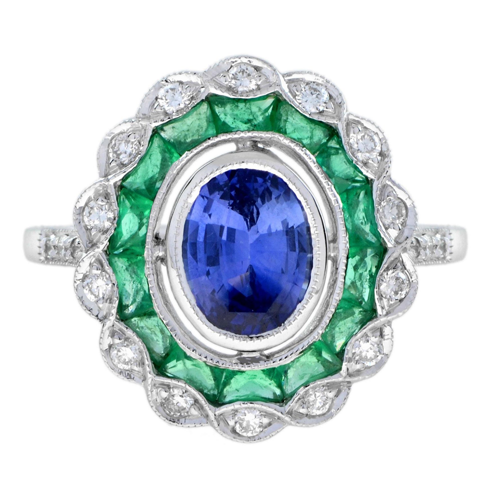 Oval Ceylon Sapphire with Emerald Diamond Art Deco Style Halo Ring in White Gold