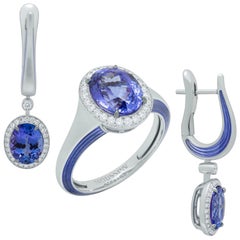 Tanzanite Diamonds 18 Karat White Gold Enamel New Classic Suite