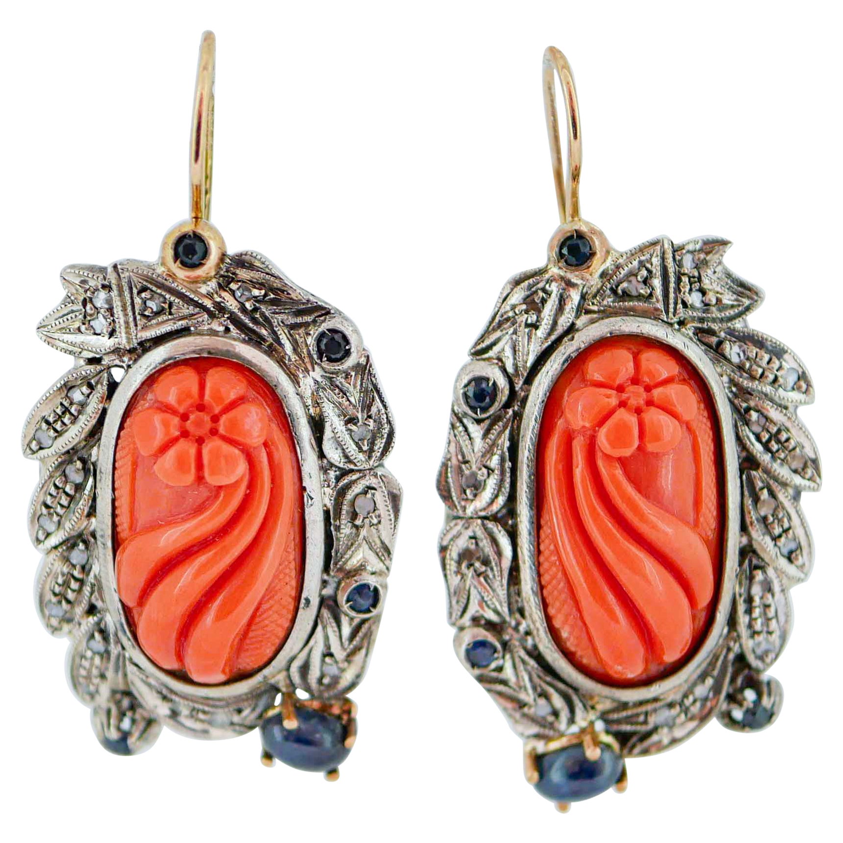 Coral, Sapphires, Diamonds, 14 Karat Rose Gold and Silver Earrings. For Sale