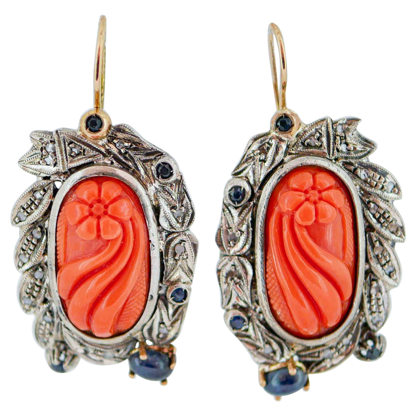 Coral, Sapphires, Diamonds, 14 Karat Rose Gold and Silver Earrings.