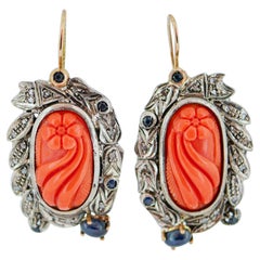 Vintage Coral, Sapphires, Diamonds, 14 Karat Rose Gold and Silver Earrings.