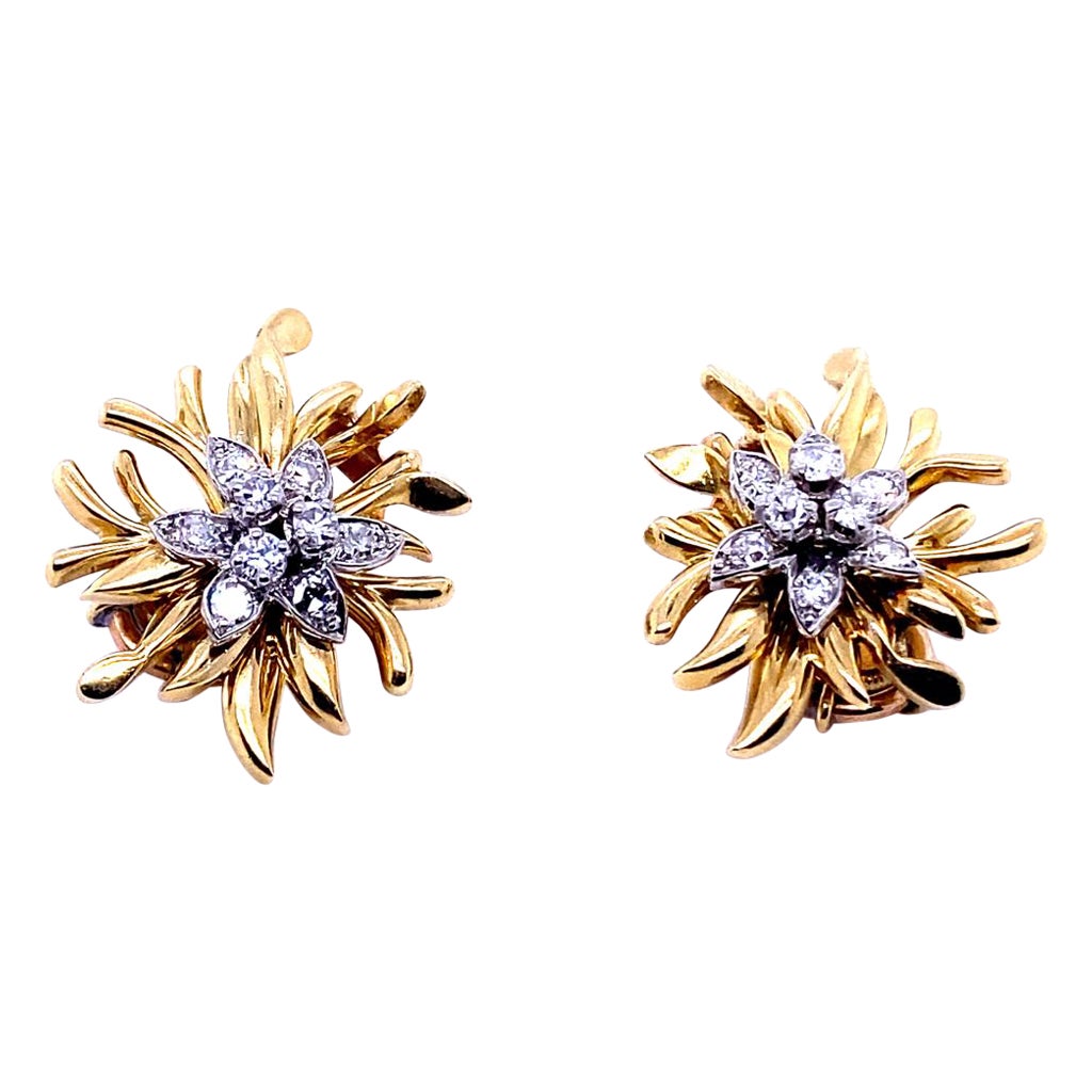Vintage Chaumet Diamond Flower Earrings 18 Karat Yellow White Gold For Sale
