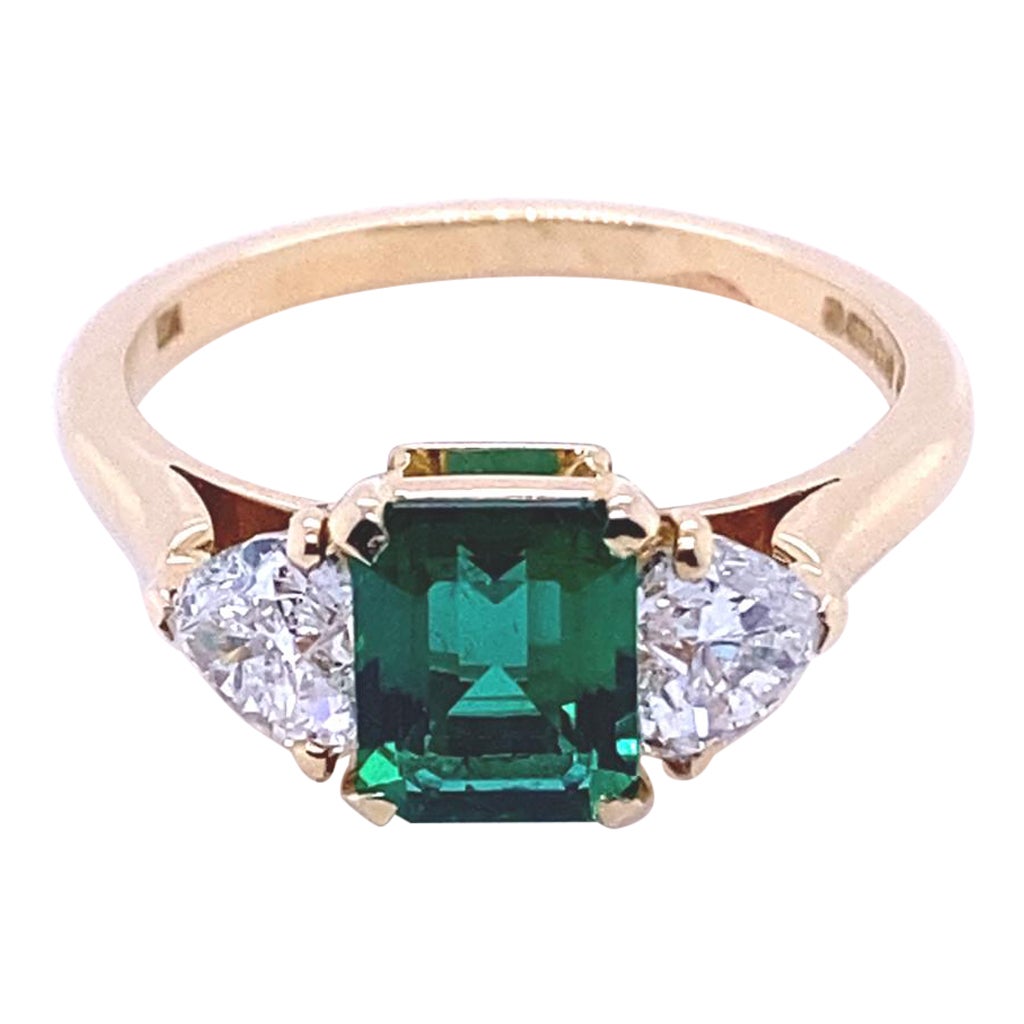 Cartier Emerald and Diamond Three Stone 18 Karat Yellow Gold Ring