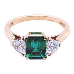 Vintage Cartier Emerald and Diamond Three Stone 18 Karat Yellow Gold Ring