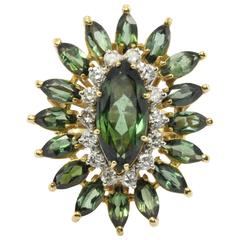 1950s IGI Cert Natural Green Tourmaline Diamond Two Color Gold Ring 