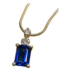Estate Platinum Emerald Cut Sapphire Diamond Pendant Snake Necklace 18” GIA