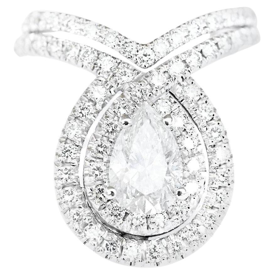 Pear Moissanite Unique Diamond Halo Engagement Two Rings set "Double Bliss" 
