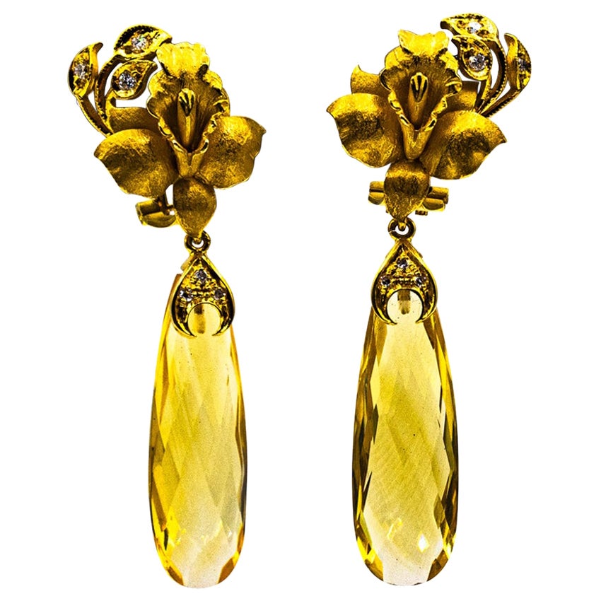 Art Nouveau Style White Diamond Citrine Yellow Gold Clip-On Drop Earrings For Sale