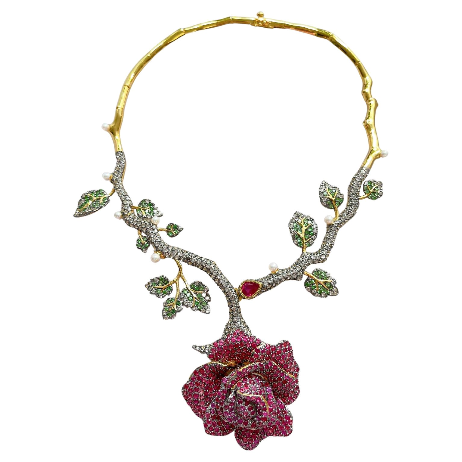 Bochic “Orient ” Ruby, Tsavorite, Whitezircon Necklace Set in 22k Gold & Silver For Sale