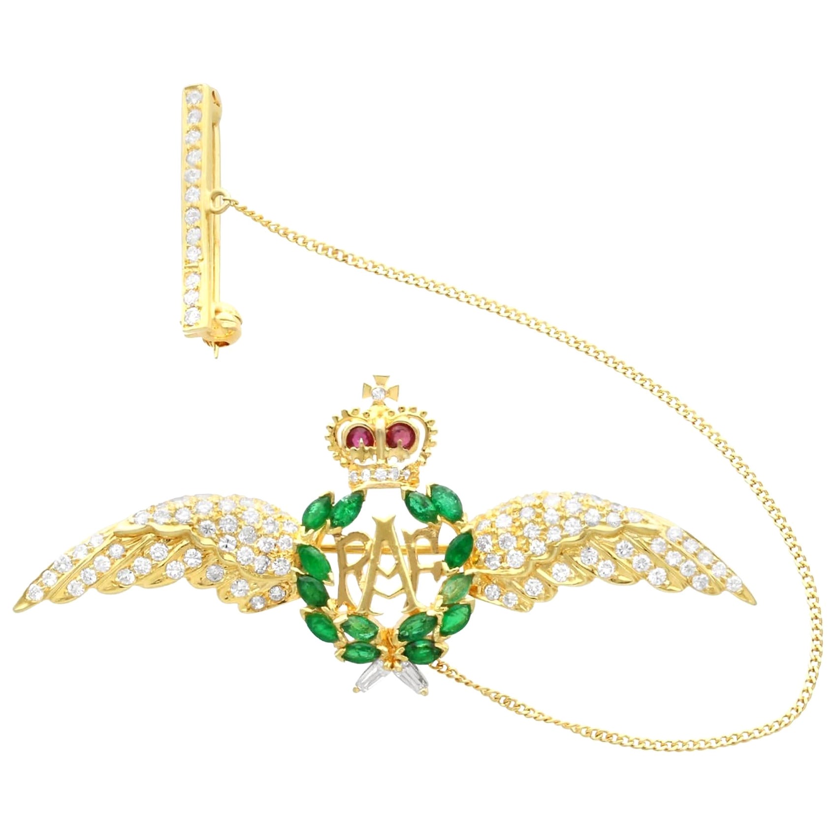 0.96 Carat Emerald Diamond and Ruby 18k Yellow Gold RAF Sweetheart Brooch