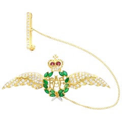 0.96 Carat Emerald Diamond and Ruby 18k Yellow Gold RAF Sweetheart Brooch