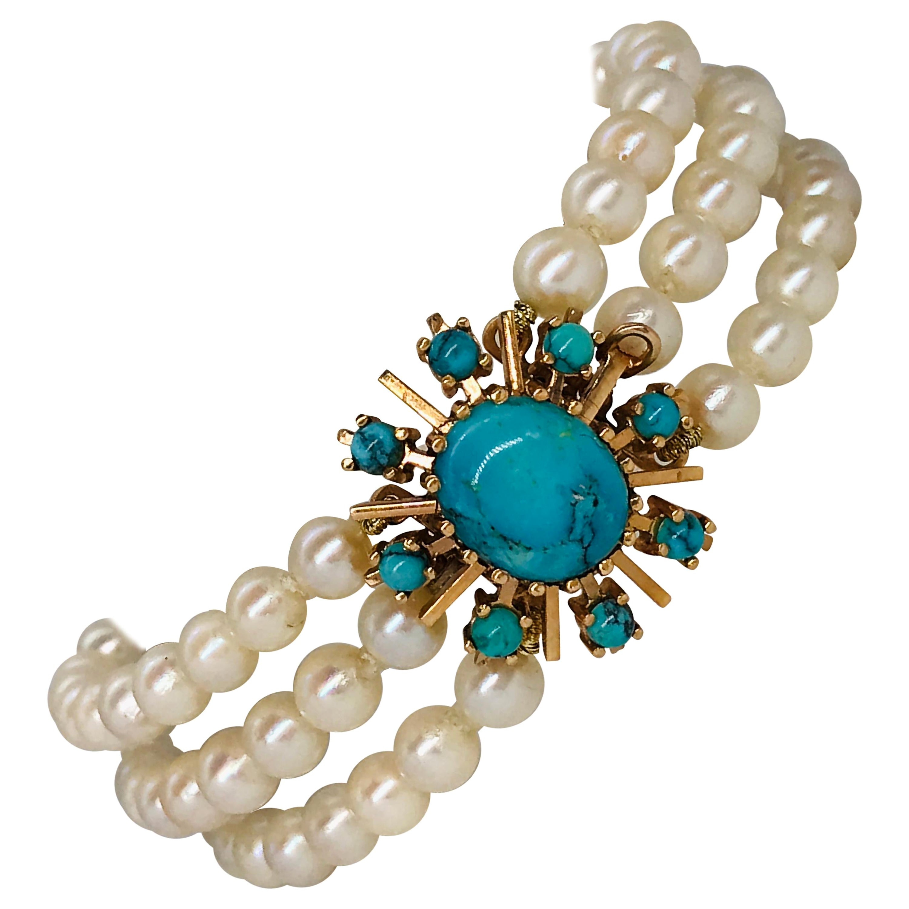 Akoya Pearl Bracelet with Turquoise and Yellow Gold 18 Karat For Sale