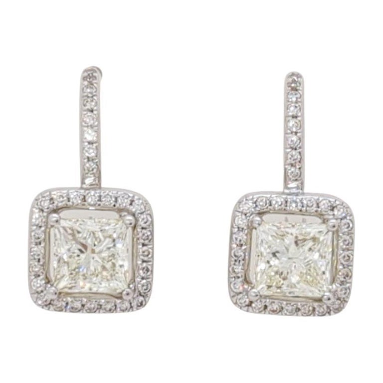  Two Stone Princess Cut Diamond Dangle Earrings in 18K White Gold For Sale