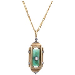 Vintage Art Deco Jade Diamond Necklace 14k Yellow Gold 17.5" Chain Fine Jewelry