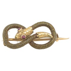 Petite broche d'éternité ancienne en forme de serpent avec broderie en or et cheveux
