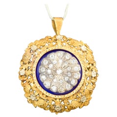 Vintage Large Gold Diamond & Enamel Flower Blossom Brooch Pendant