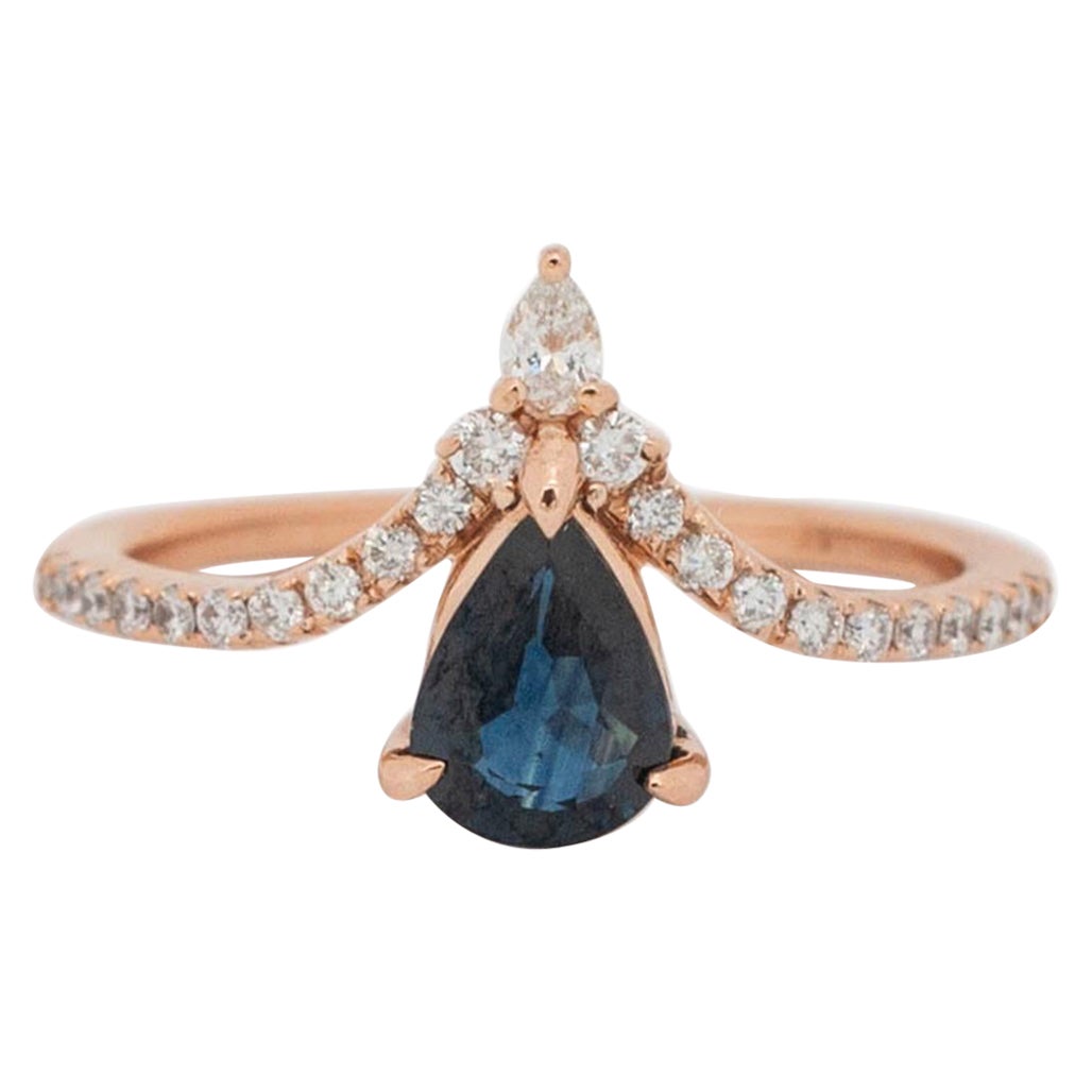 Ladies 14K Rose Gold Chevron Shaped Sapphire Diamond Cocktail Ring
