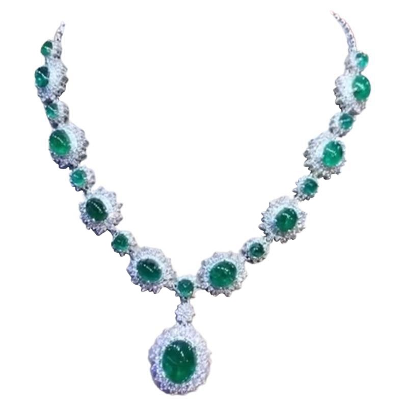 AIG Certified 46.80 Ct Zambian Emeralds 13.00 Ct Diamonds 18K Gold Necklace  For Sale