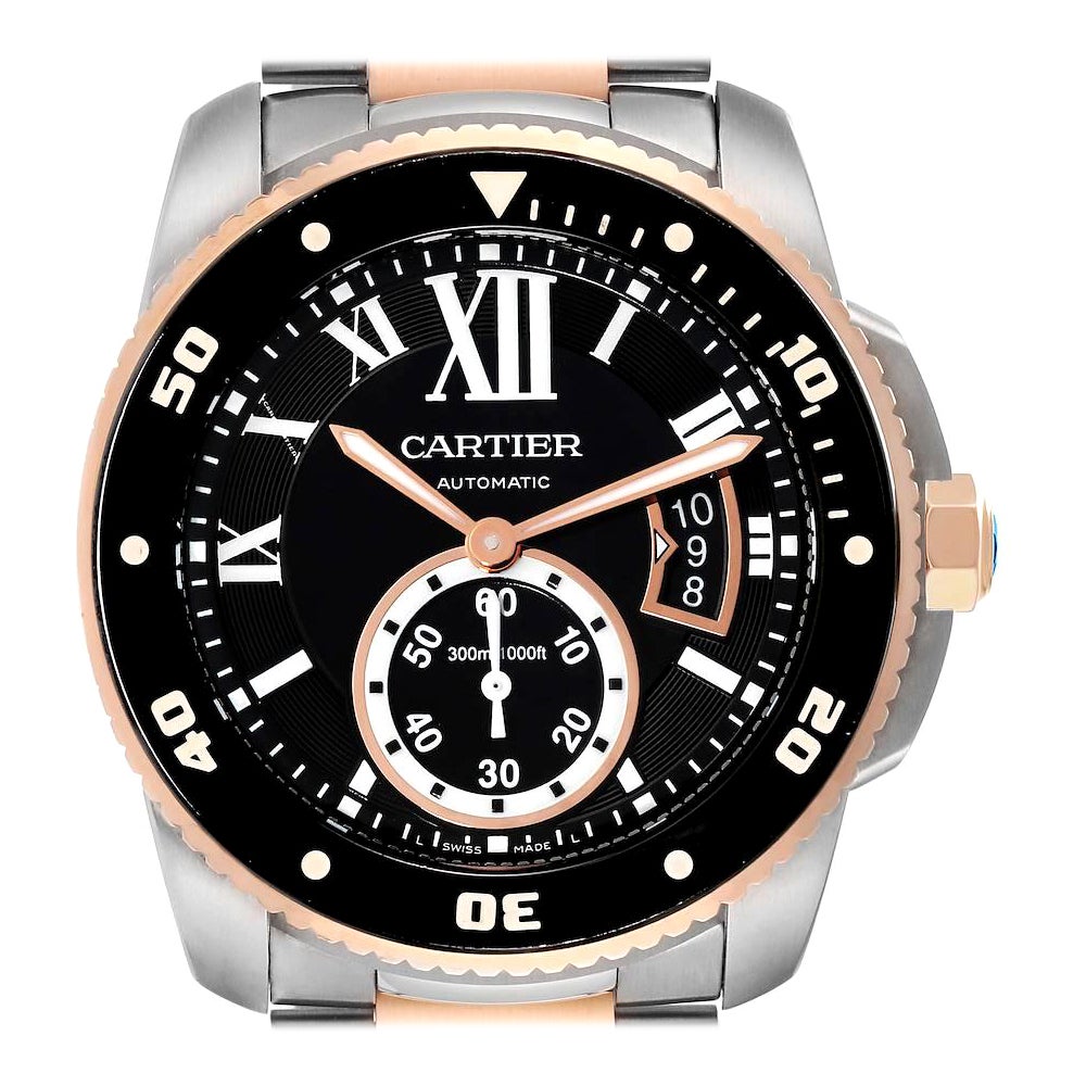 Cartier Calibre Diver Steel Rose Gold Black Dial Mens Watch W7100054 Box Papers