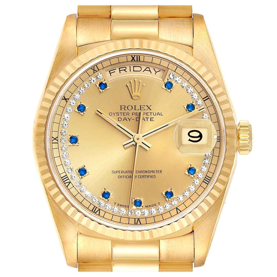 Rolex Day-Date President Yellow Gold String Diamond Sapphire Mens Watch 18238 For Sale