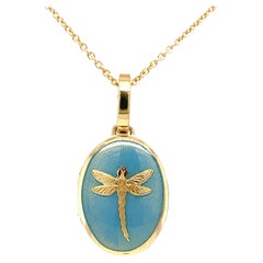 Used Oval Locket Pendant Dragonfly 18k Yellow Gold Opalescent Turquoise Enamel