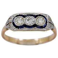 Art Deco Sapphire Diamond Gold Platinum Three Stone Ring