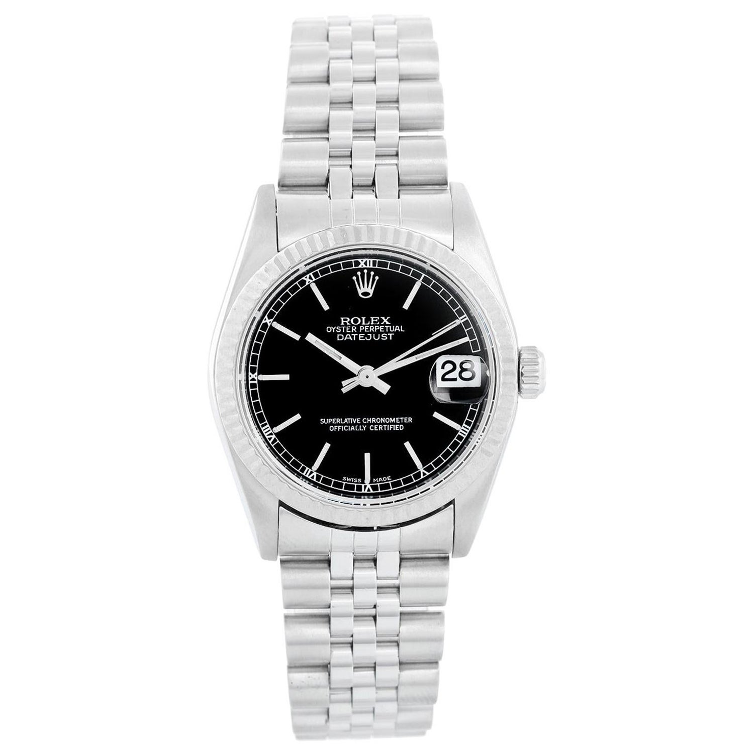 Rolex Midsize Stainless Steel Datejust Black Dial Watch 78274 For Sale