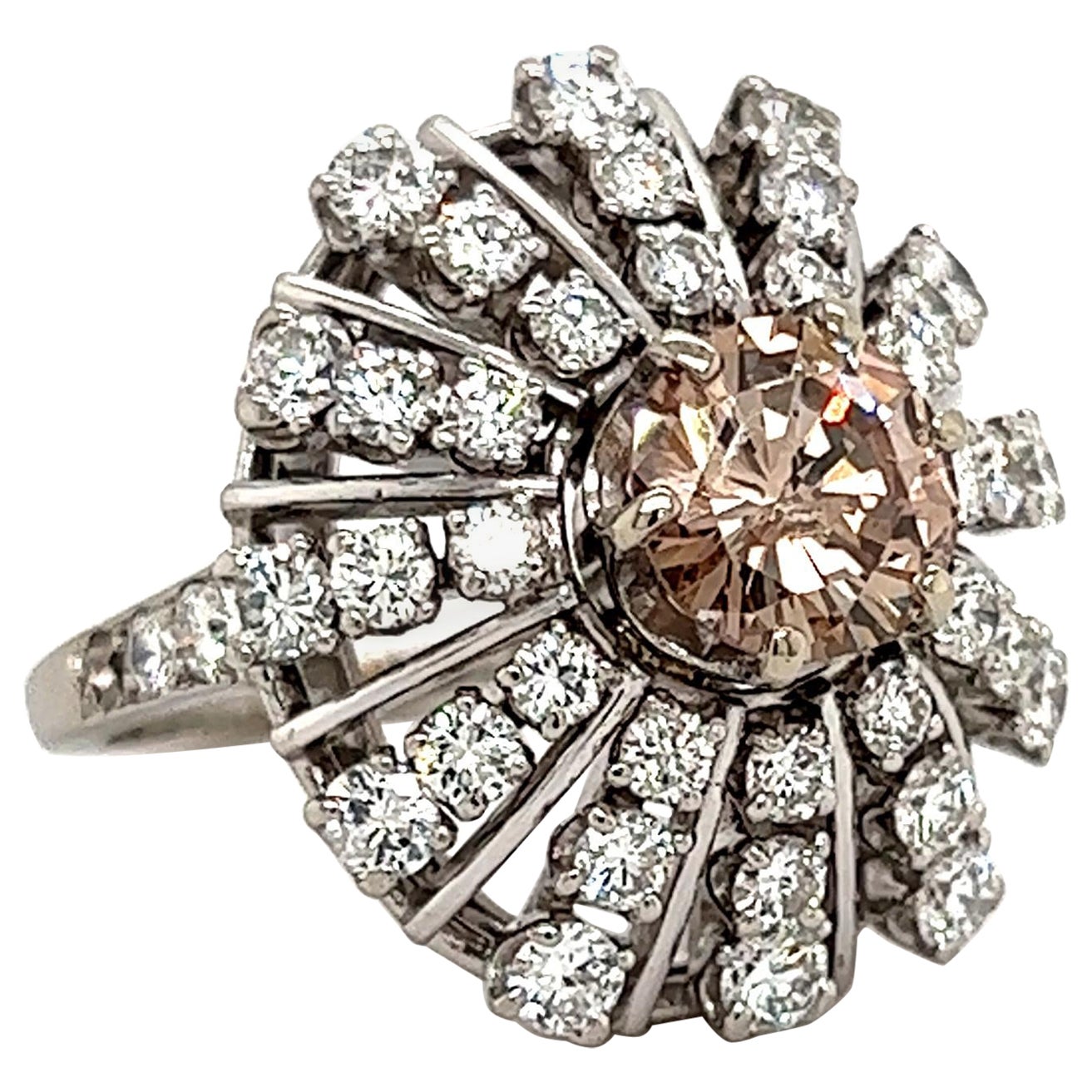 18K White Gold Cognac and White Diamond Cocktail Ring For Sale