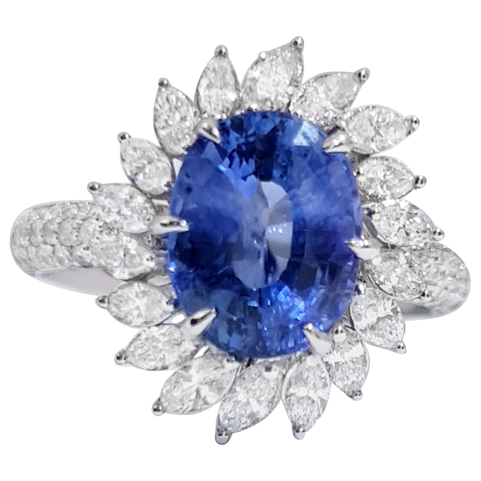 Oval Blue Sapphire Ring Marquise Diamond Halo 5.82 Carats 18K Gold For Sale